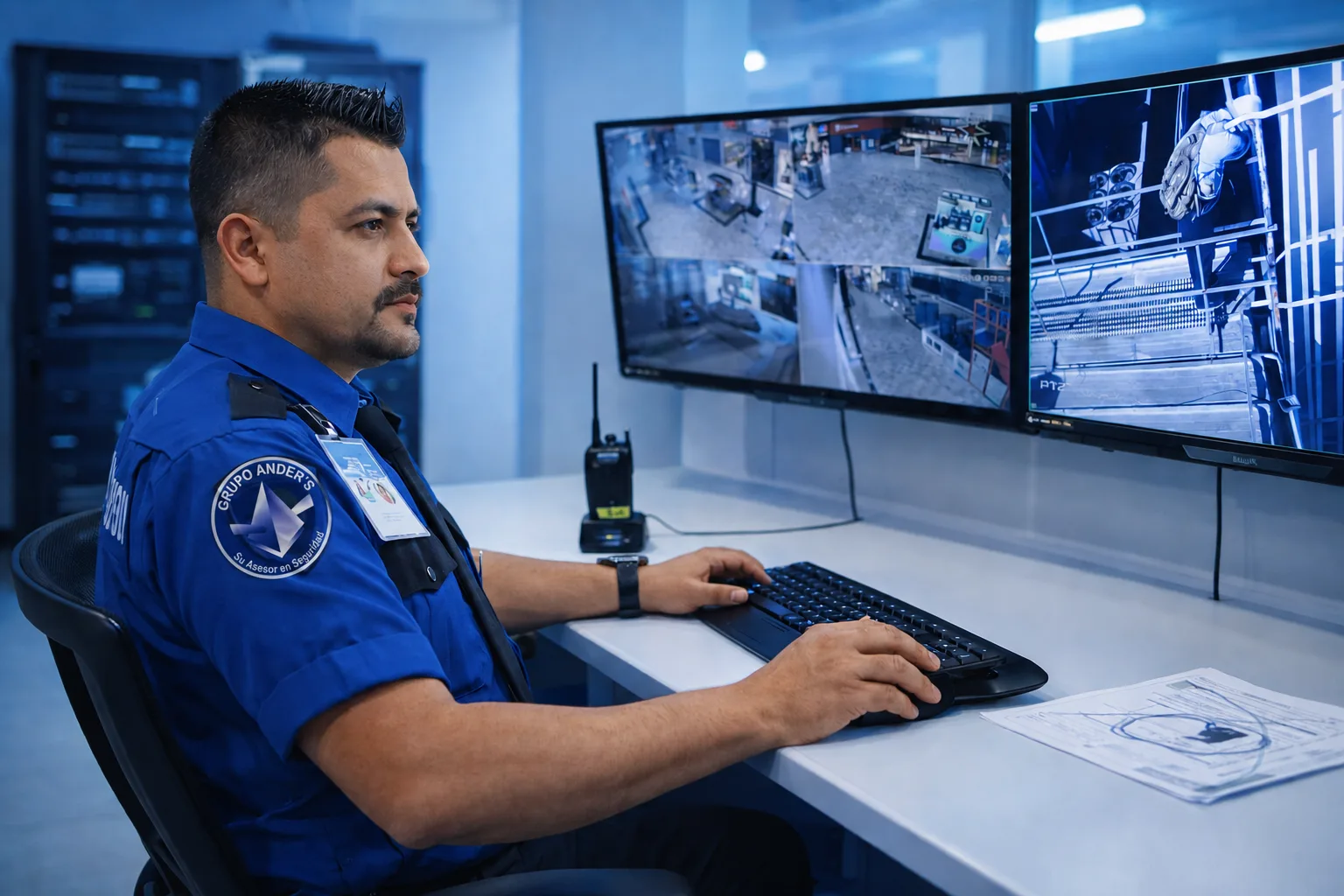 Operador de seguridad monitoreando cámaras en tiempo real